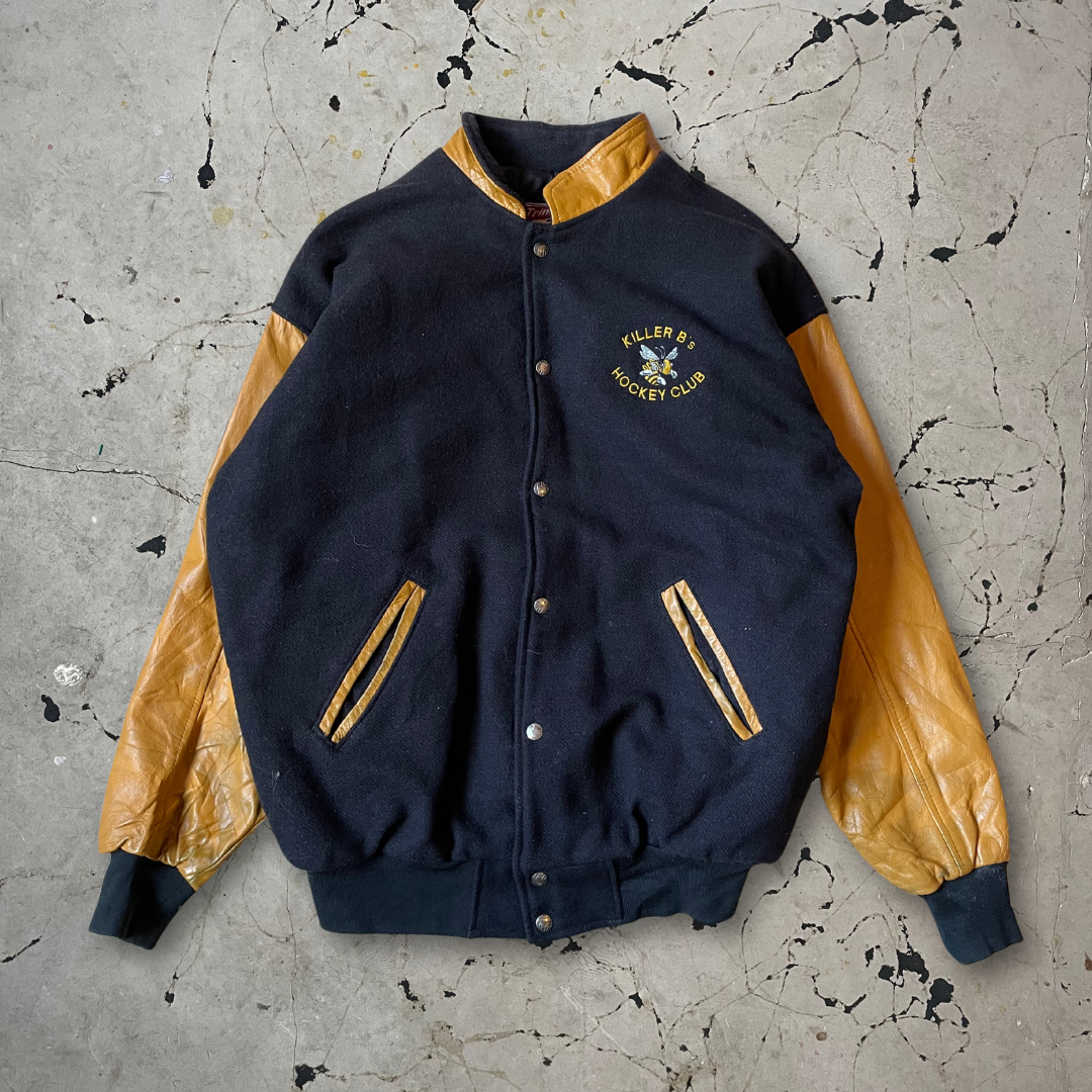 Vintage Black and Yellow Wool and Leather Varsity Letterman Baseball Jacket