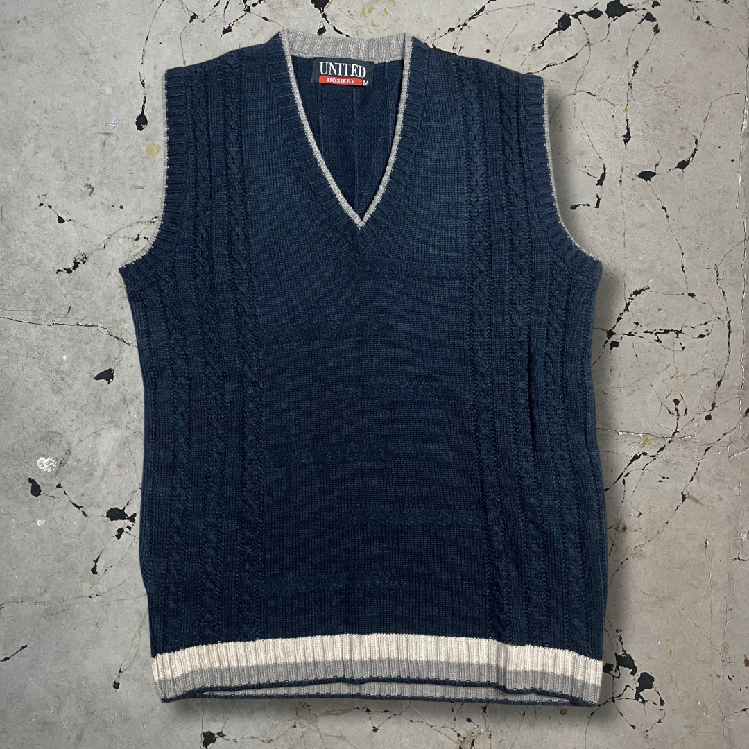 Vintage 90s V Neck Cable Knit Vest in Navy