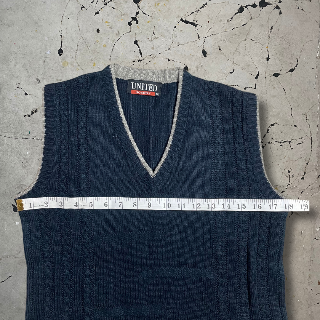 Vintage 90s V Neck Cable Knit Vest in Navy