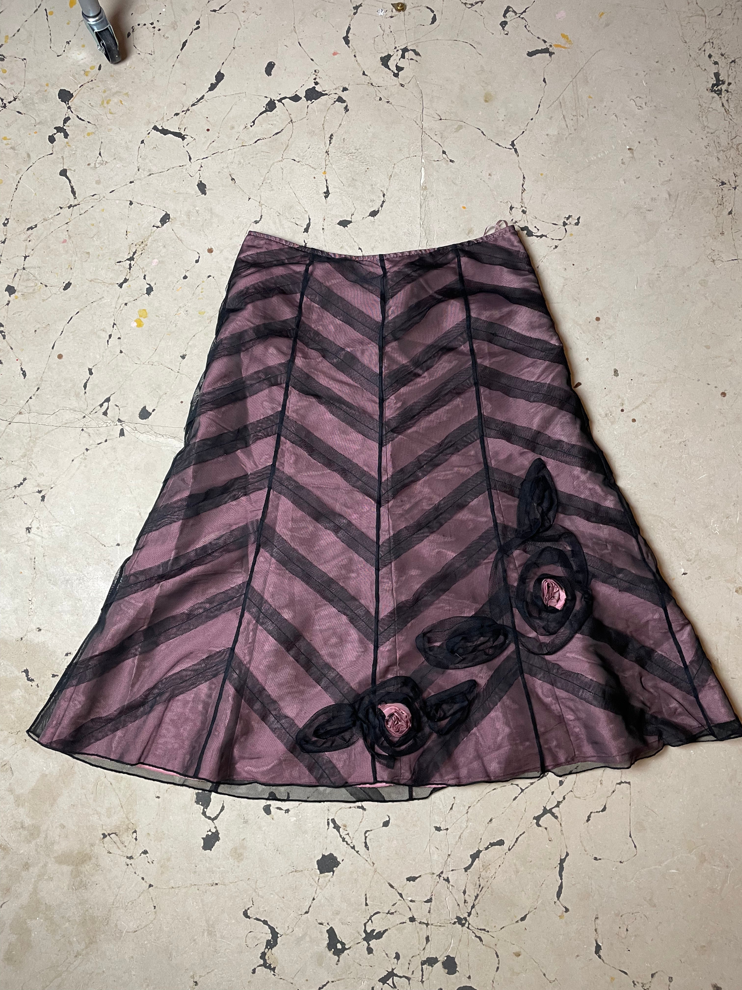 Vintage Peruna Pink and Black Lace Midi Skirt