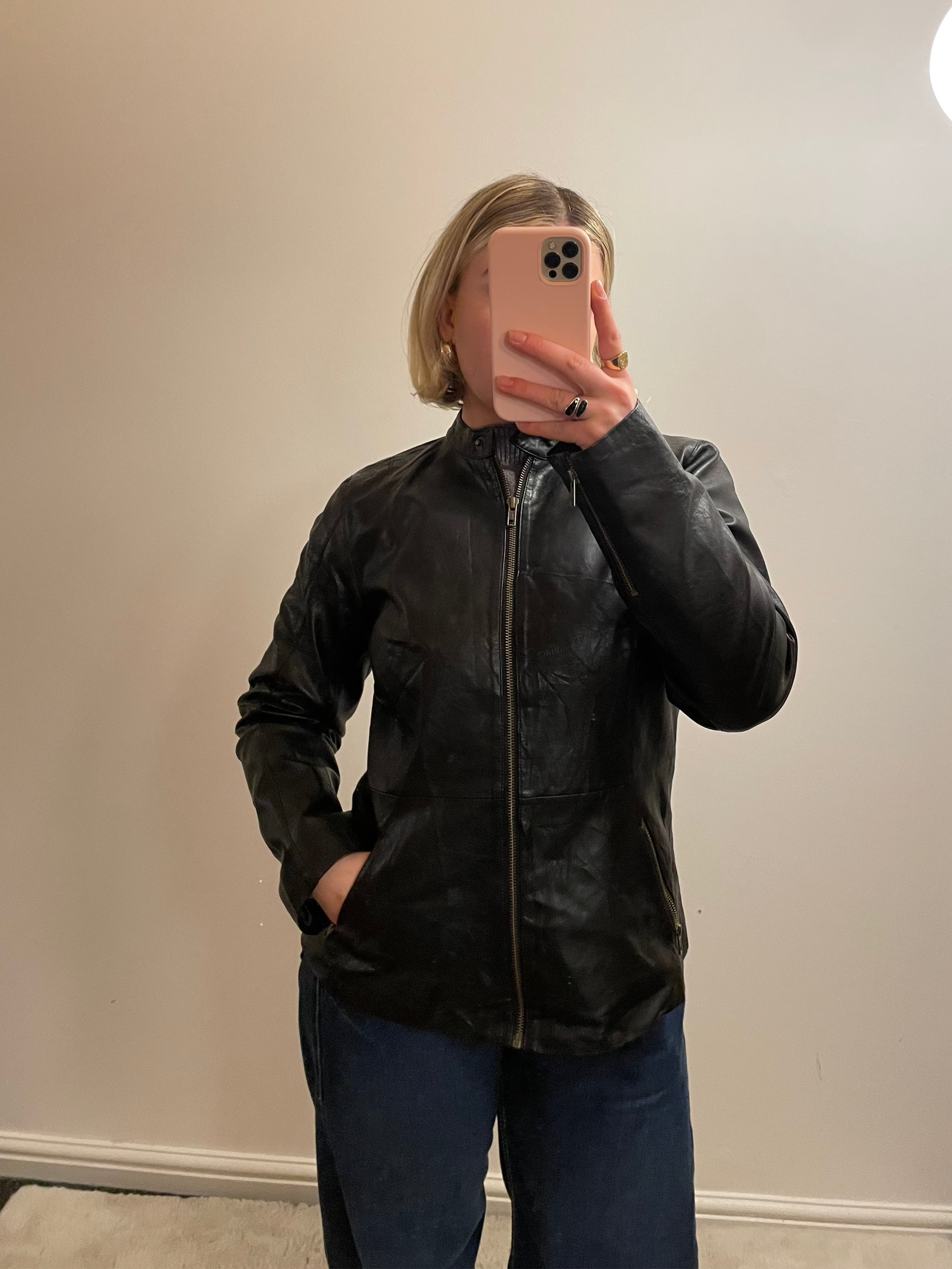 Vintage Black Zip up Leather Biker Jacket