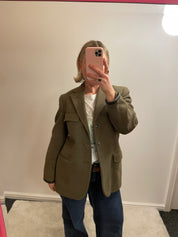 Vintage Khaki Wool Blazer with Leather Trim Cuffs