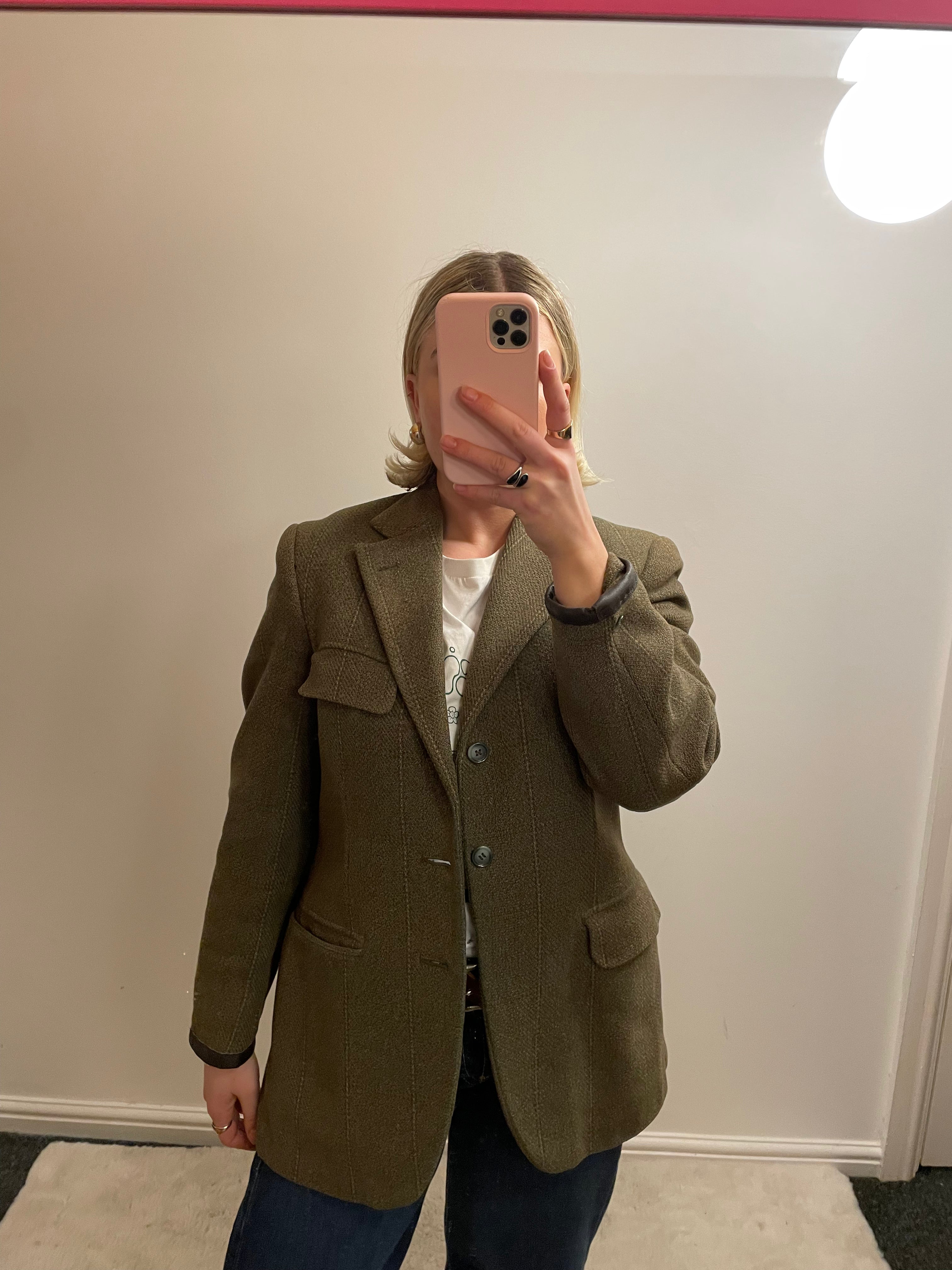 Vintage Khaki Wool Blazer with Leather Trim Cuffs