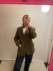 Vintage Khaki Wool Blazer with Leather Trim Cuffs