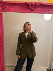 Vintage Khaki Wool Blazer with Leather Trim Cuffs