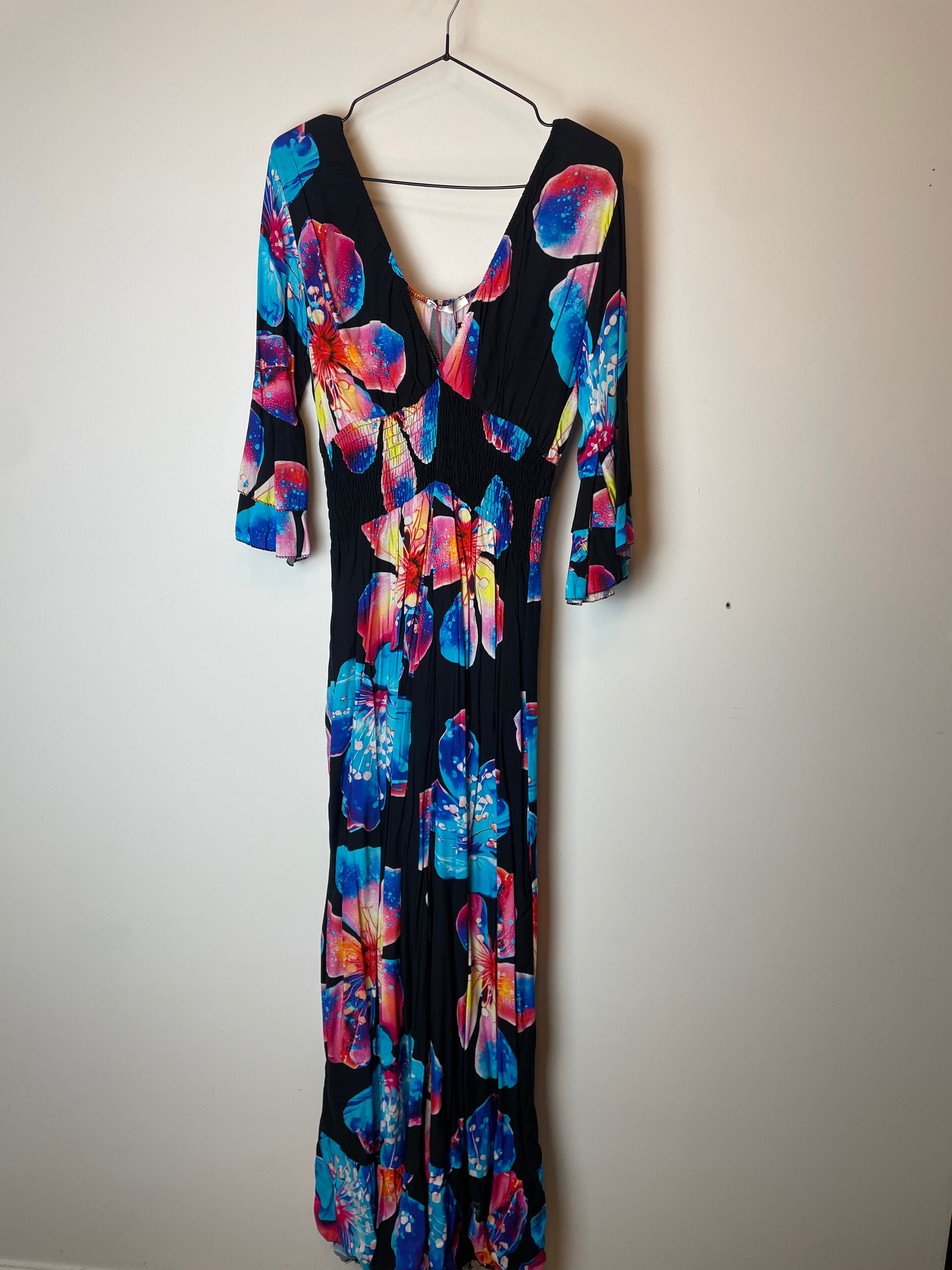 Black Neon Floral Print v Neck Jumpsuit