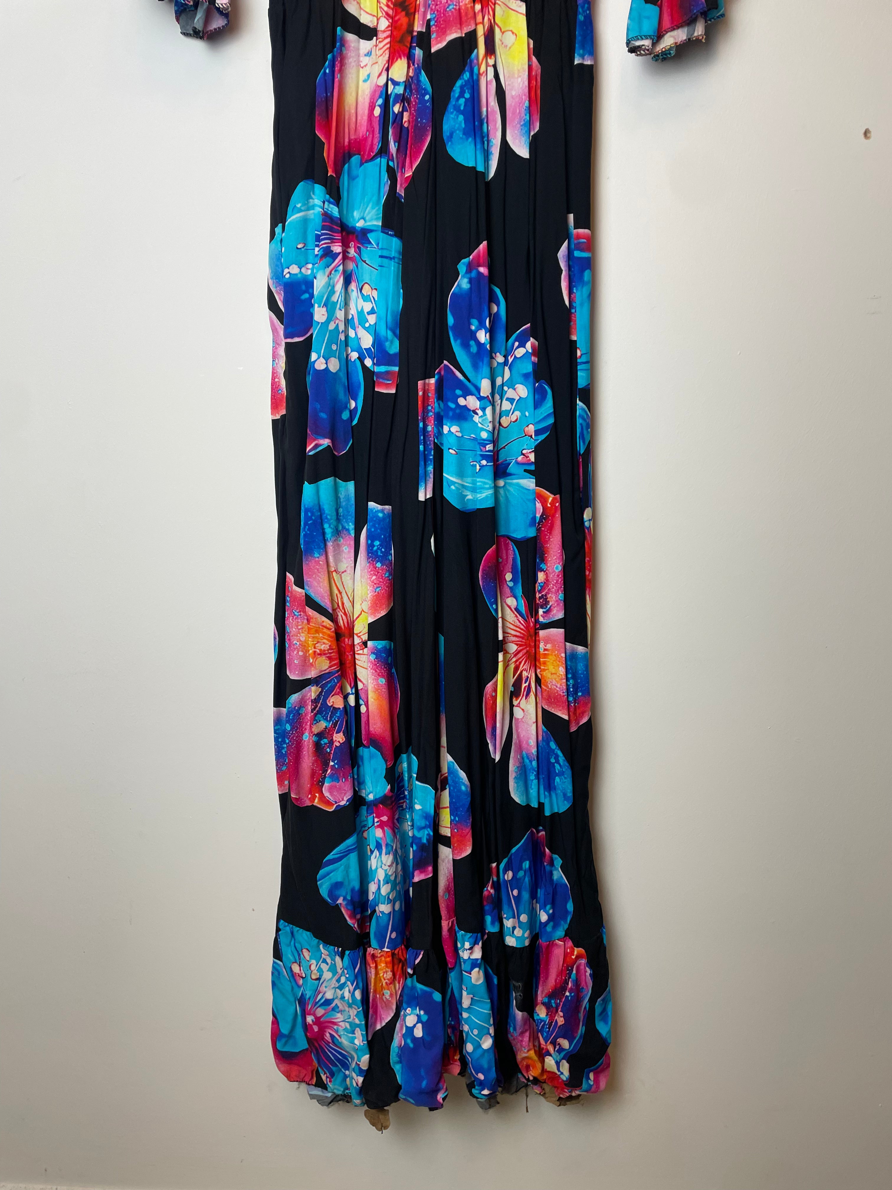 Black Neon Floral Print v Neck Jumpsuit