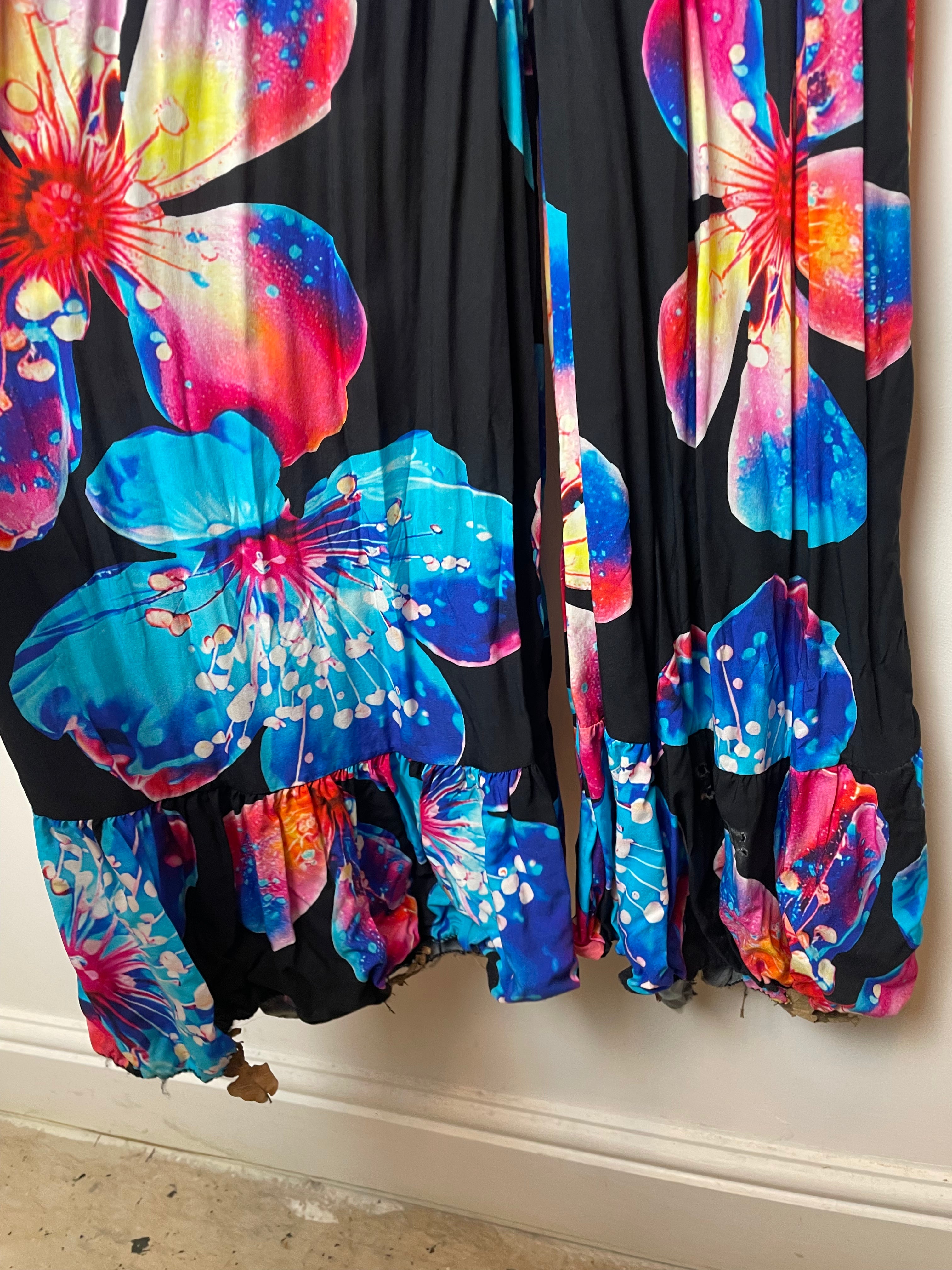 Black Neon Floral Print v Neck Jumpsuit